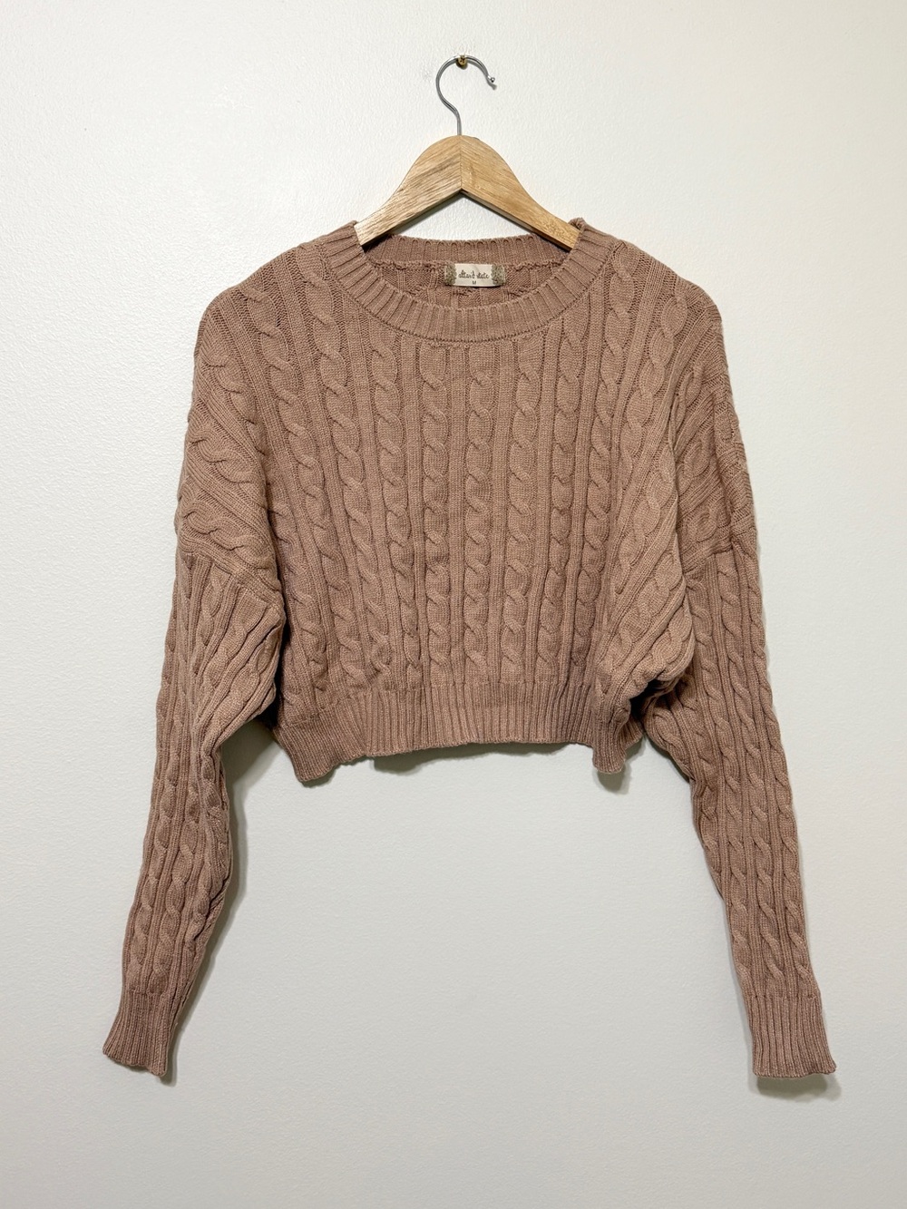 Altar’d State Cable-knit cropped crew-neck sweater size medium tan brown - Picture 2 of 8